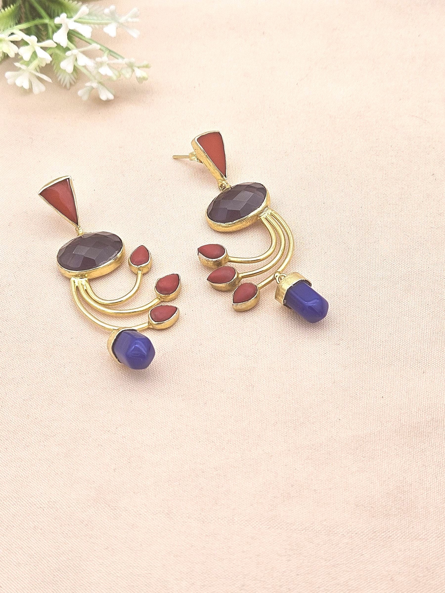 Artisan Coral-Amethyst-Blue Onyx Designer Dangle Earrings – Elegant Gold Plated Jewelry