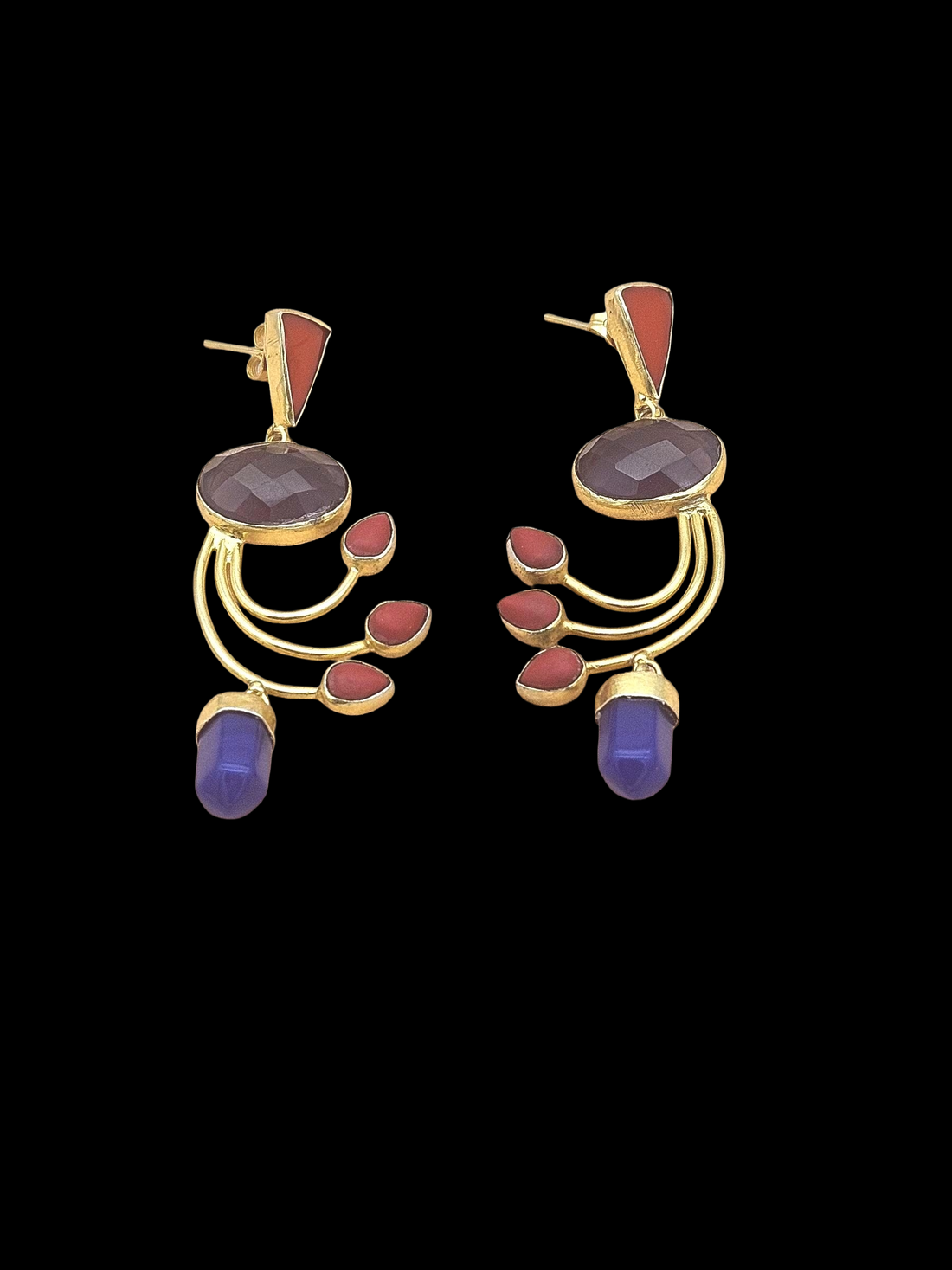 Artisan Coral-Amethyst-Blue Onyx Designer Dangle Earrings – Elegant Gold Plated Jewelry