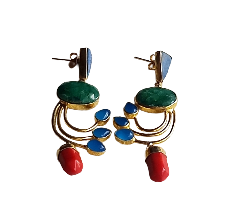Artisan Green Hathipara-Lapis-Coral-Blue Onyx Designer Dangle Earrings – Elegant Gold Plated Jewelry