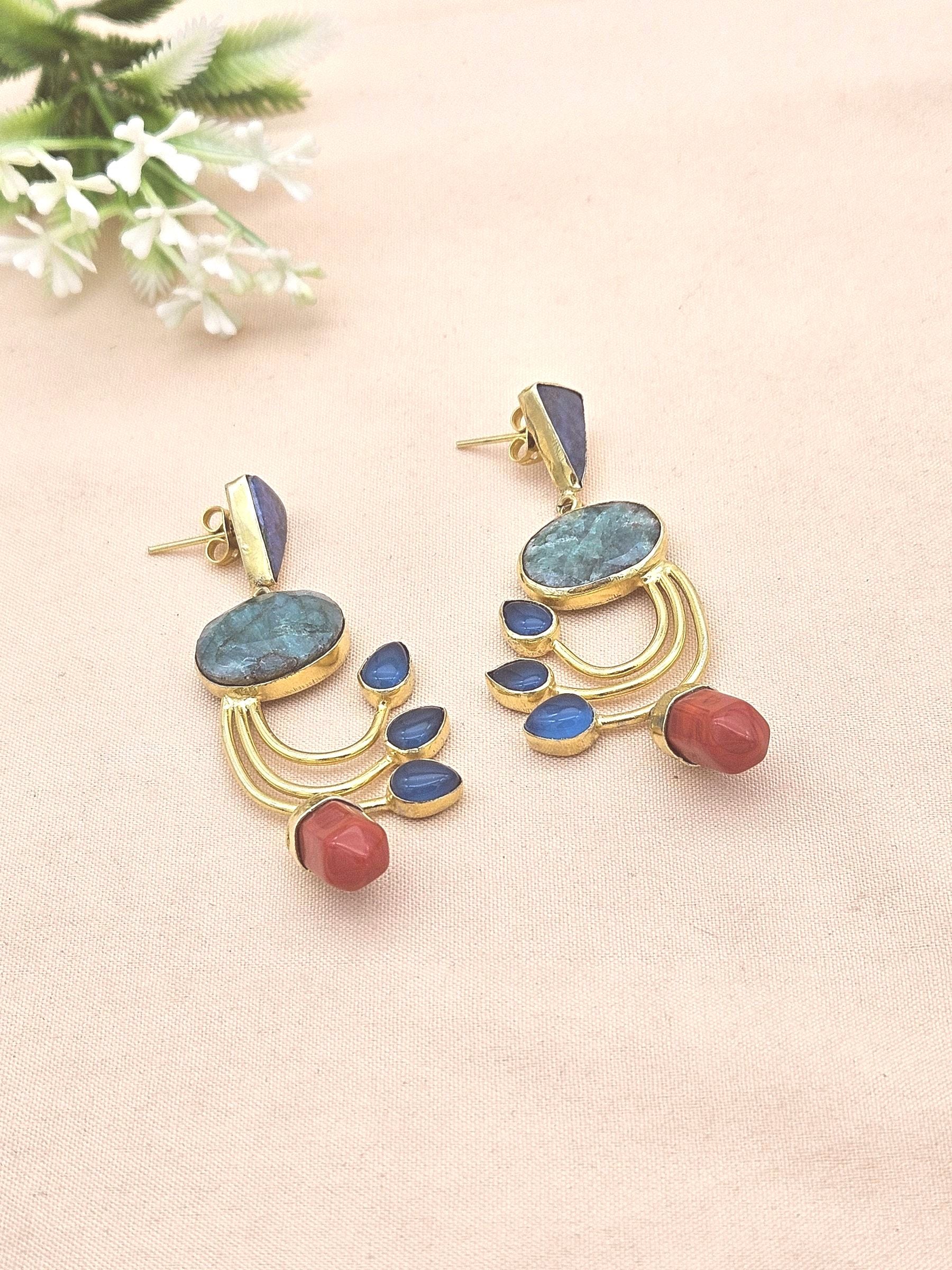 Artisan Green Hathipara-Lapis-Coral-Blue Onyx Designer Dangle Earrings – Elegant Gold Plated Jewelry