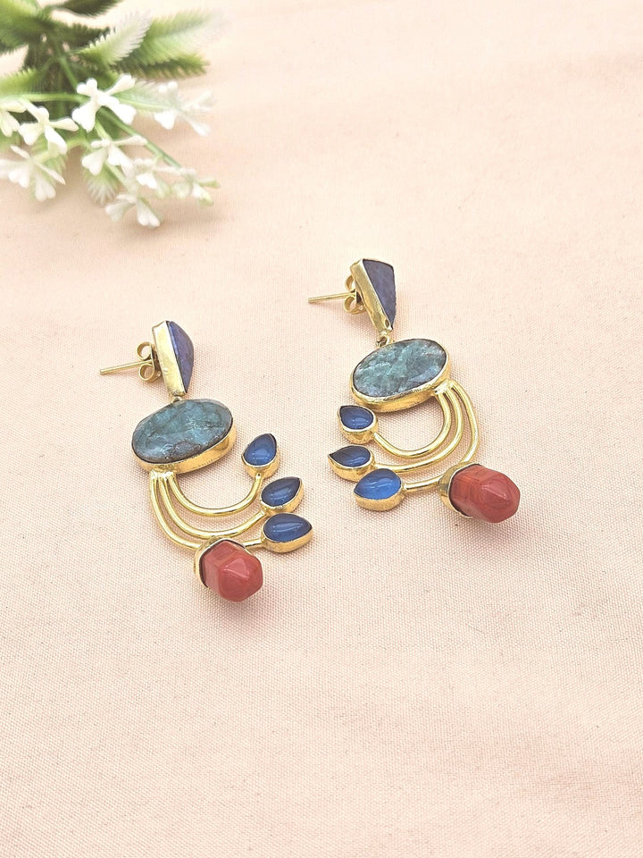 Artisan Green Hathipara-Lapis-Coral-Blue Onyx Designer Dangle Earrings – Elegant Gold Plated Jewelry