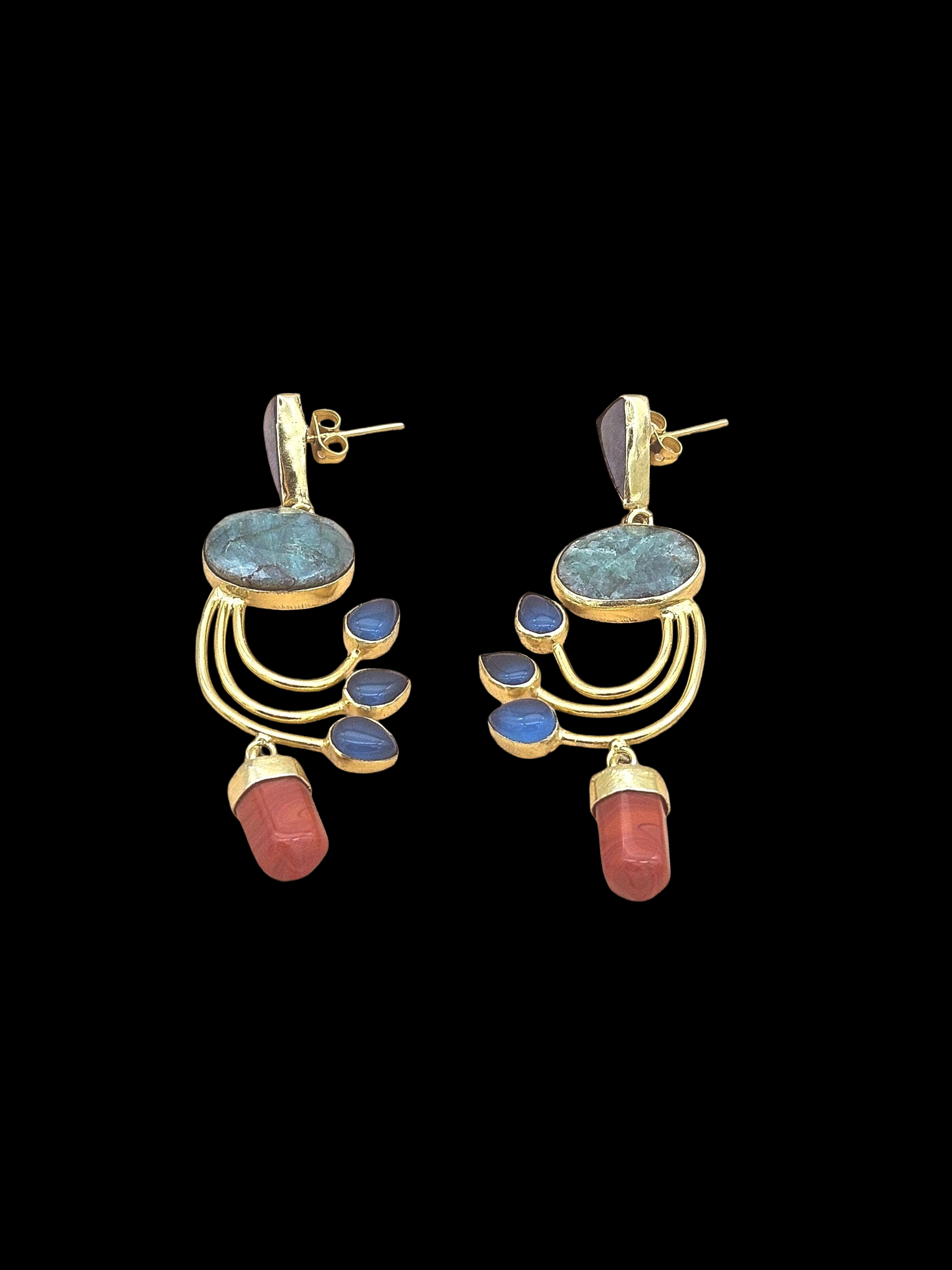 Artisan Green Hathipara-Lapis-Coral-Blue Onyx Designer Dangle Earrings – Elegant Gold Plated Jewelry