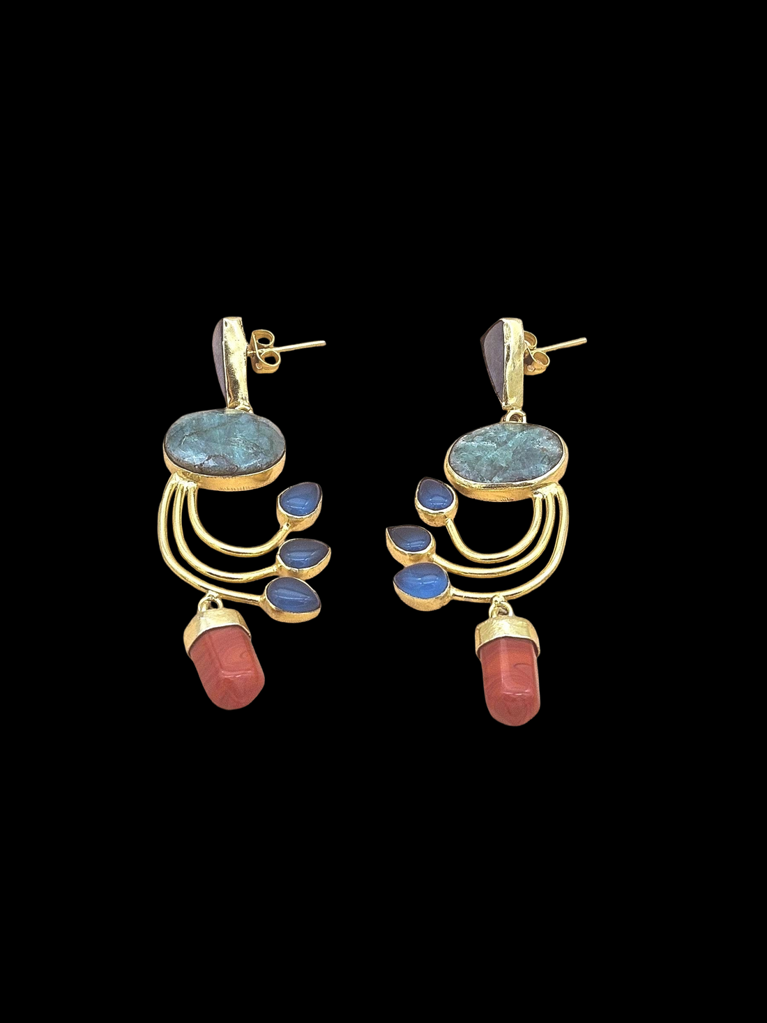 Artisan Green Hathipara-Lapis-Coral-Blue Onyx Designer Dangle Earrings – Elegant Gold Plated Jewelry