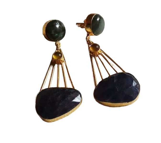 Gorgeous Gold Plated Dangle Earrings –Labradorite-Chalcedony-Amethyst Charming Designer Jewelry