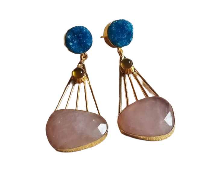 Gorgeous Gold Plated Dangle Earrings –Blue Druzy-Chalcedony-Rose Quartz stone Jewelry