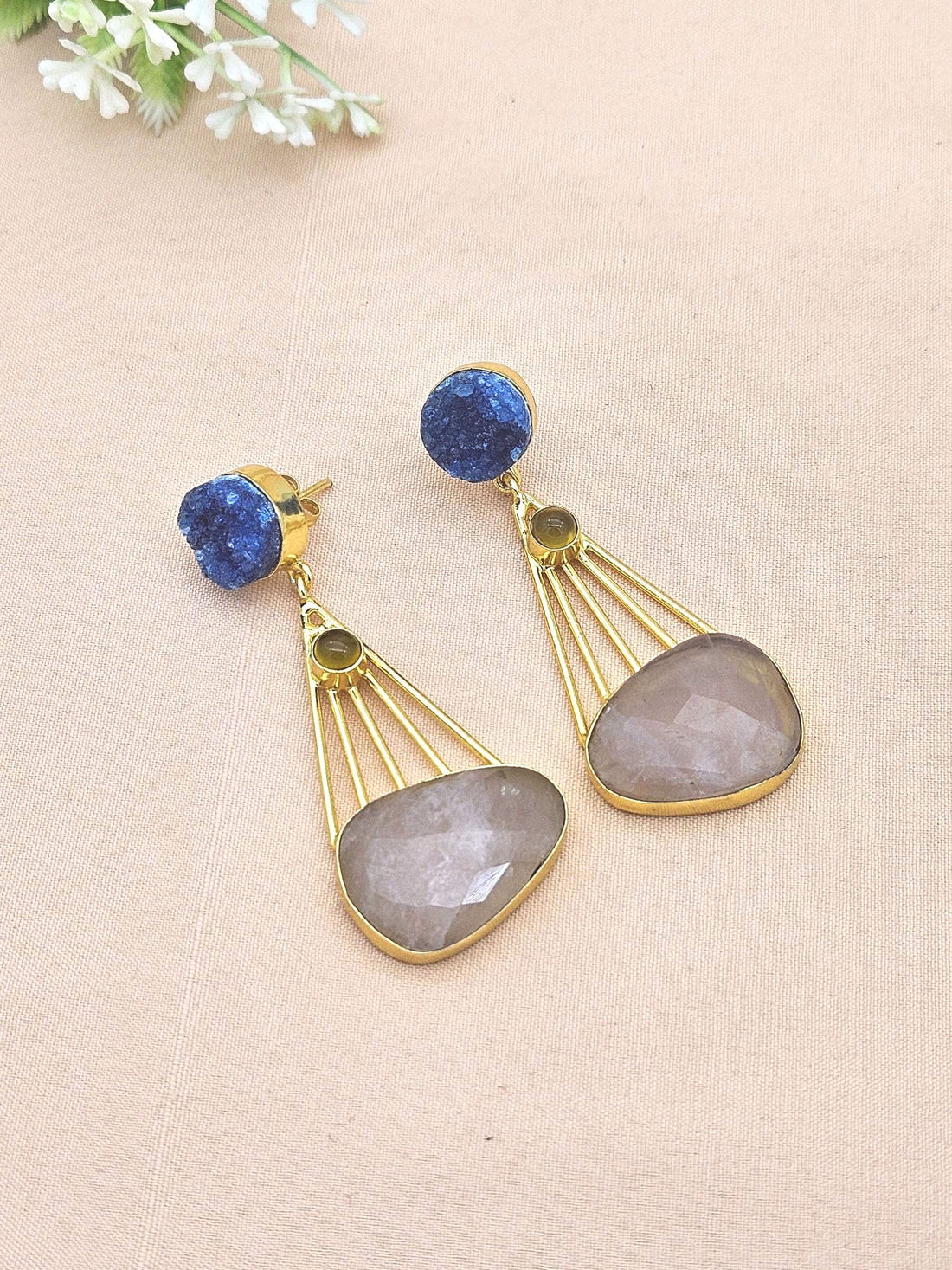 Gorgeous Gold Plated Dangle Earrings –Blue Druzy-Chalcedony-Rose Quartz stone Jewelry
