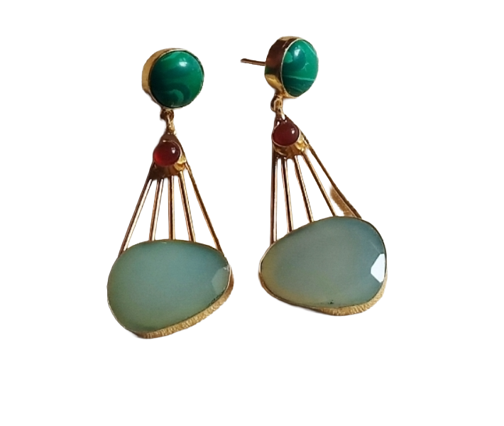 Gorgeous Gold Plated Dangle Earrings –Malachite-Red Onyx-Aquamarine stone Jewelry