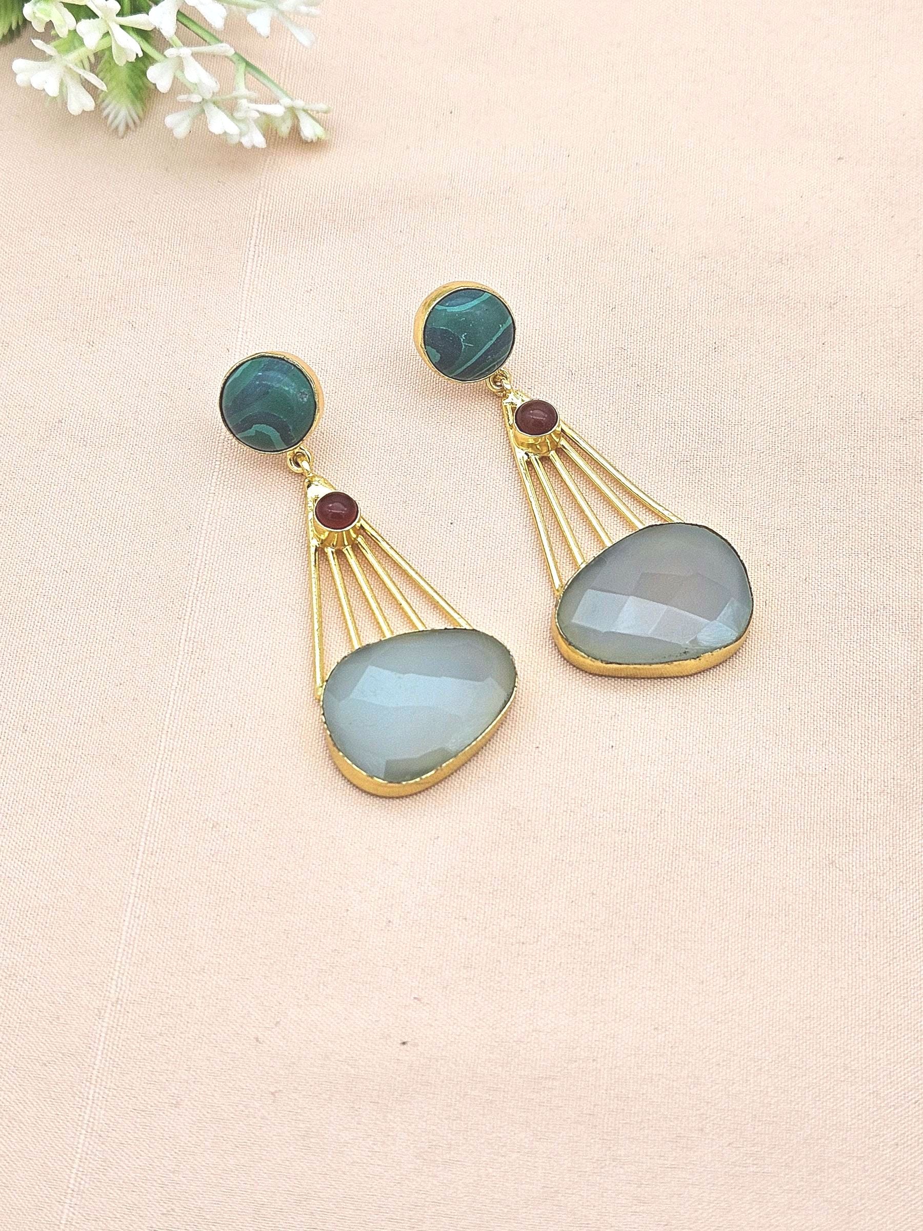 Gorgeous Gold Plated Dangle Earrings –Malachite-Red Onyx-Aquamarine stone Jewelry