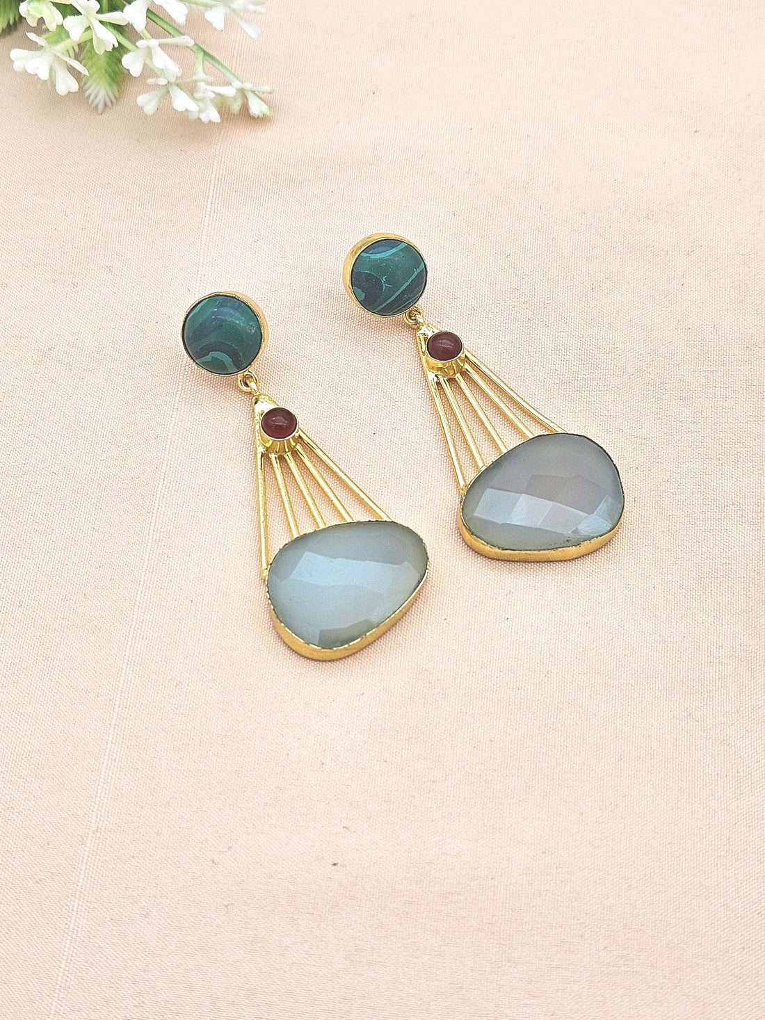 Gorgeous Gold Plated Dangle Earrings –Malachite-Red Onyx-Aquamarine stone Jewelry