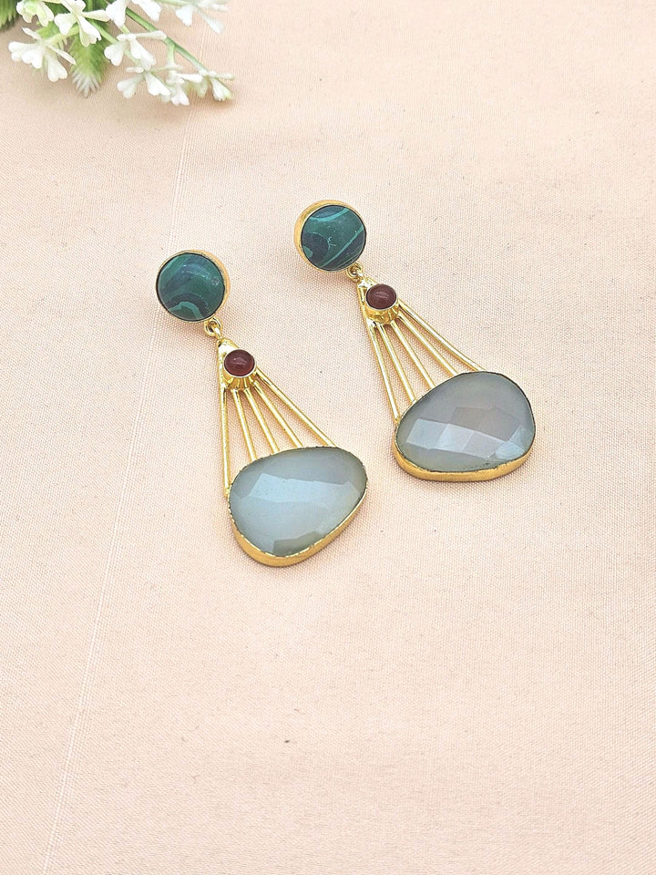 Gorgeous Gold Plated Dangle Earrings –Malachite-Red Onyx-Aquamarine stone Jewelry