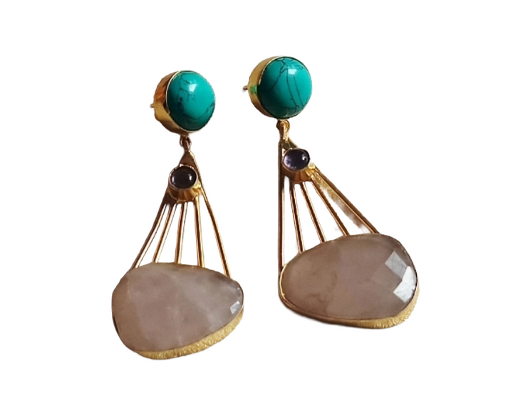 Gorgeous Gold Plated Dangle Earrings –Turquoise-Amethyst-Rose Quartz stone Jewelry