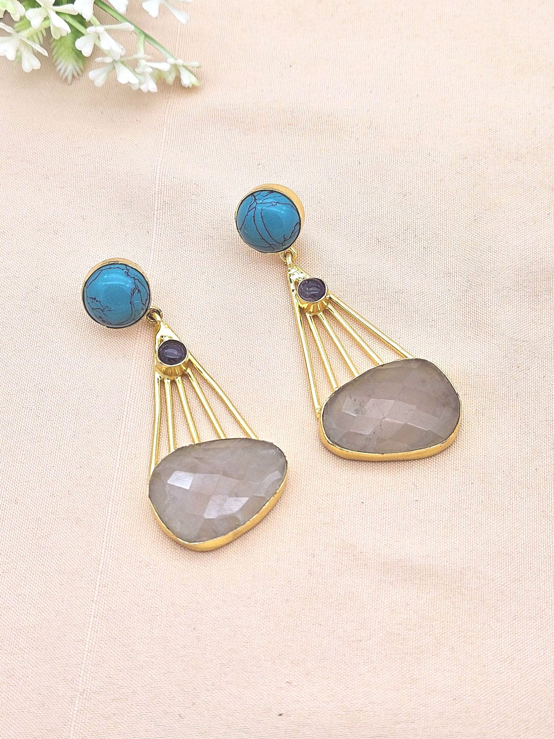 Gorgeous Gold Plated Dangle Earrings –Turquoise-Amethyst-Rose Quartz stone Jewelry