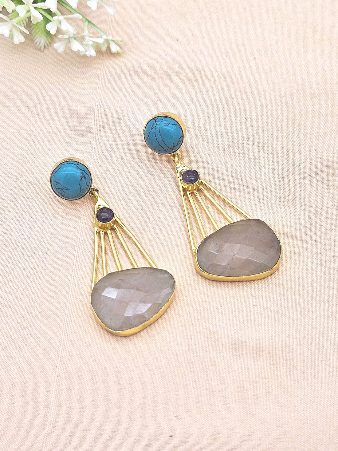 Gorgeous Gold Plated Dangle Earrings –Turquoise-Amethyst-Rose Quartz stone Jewelry