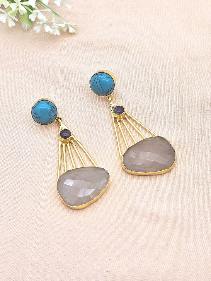 Gorgeous Gold Plated Dangle Earrings –Turquoise-Amethyst-Rose Quartz stone Jewelry