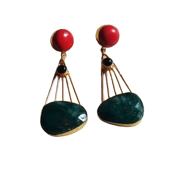 Gorgeous Gold Plated Dangle Earrings –Coral-Black Onyx-Green Hathipara stone Jewelry