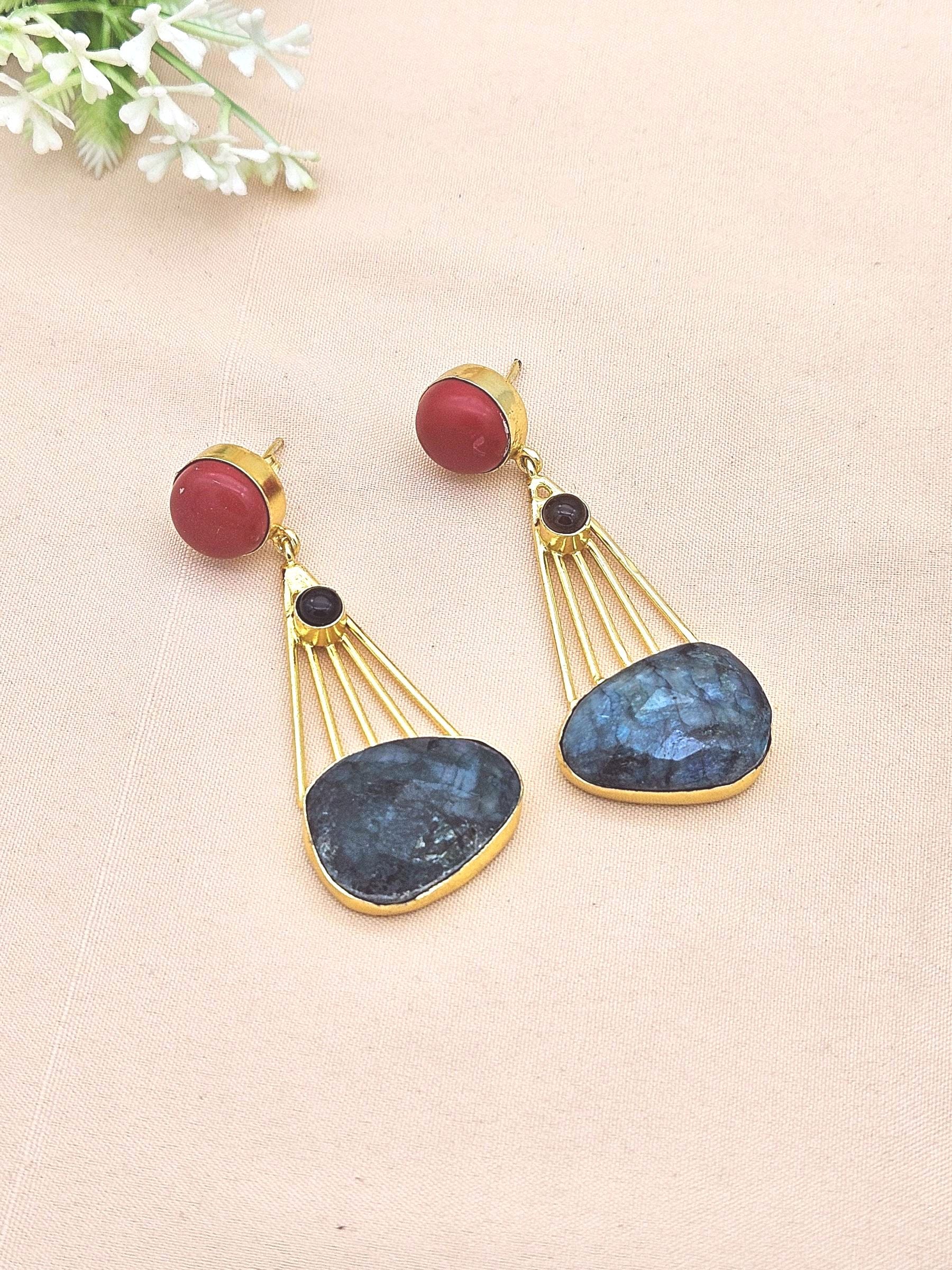 Gorgeous Gold Plated Dangle Earrings –Coral-Black Onyx-Green Hathipara stone Jewelry