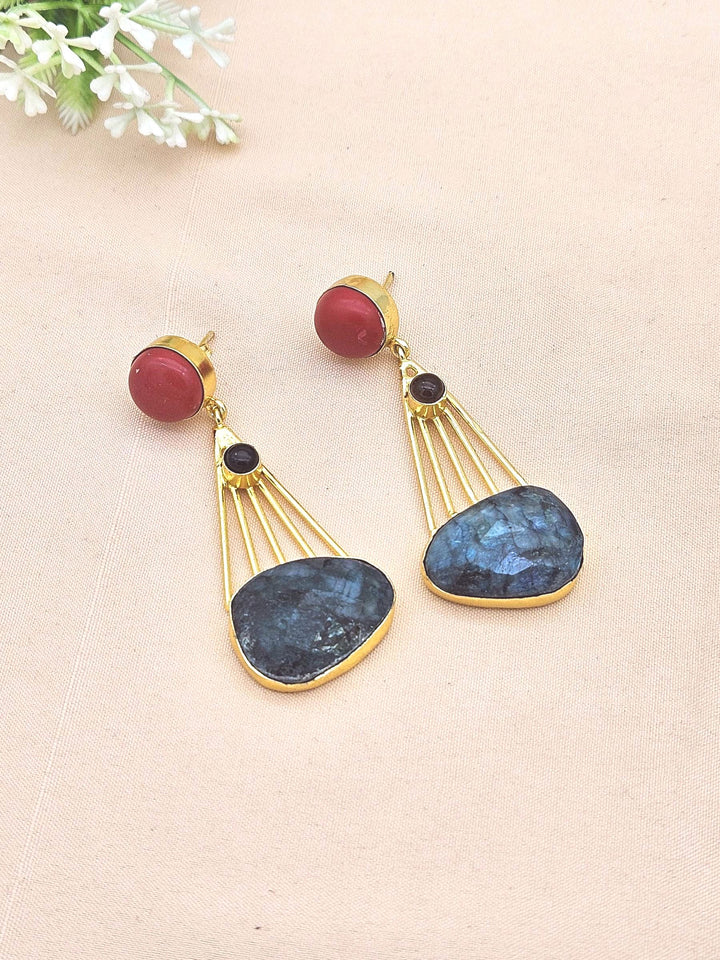 Gorgeous Gold Plated Dangle Earrings –Coral-Black Onyx-Green Hathipara stone Jewelry