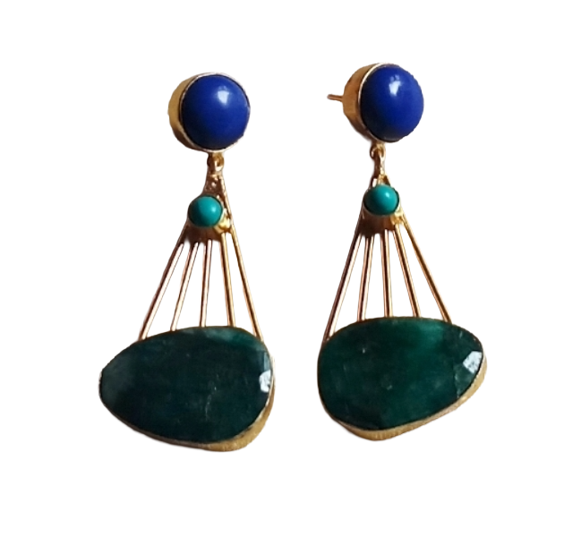 Gorgeous Gold Plated Dangle Earrings –Green Hathipara-Turquoise-Blue Glass stone Jewelry