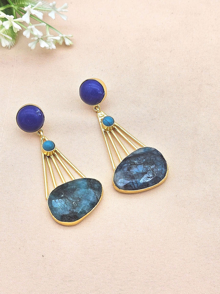 Gorgeous Gold Plated Dangle Earrings –Green Hathipara-Turquoise-Blue Glass stone Jewelry