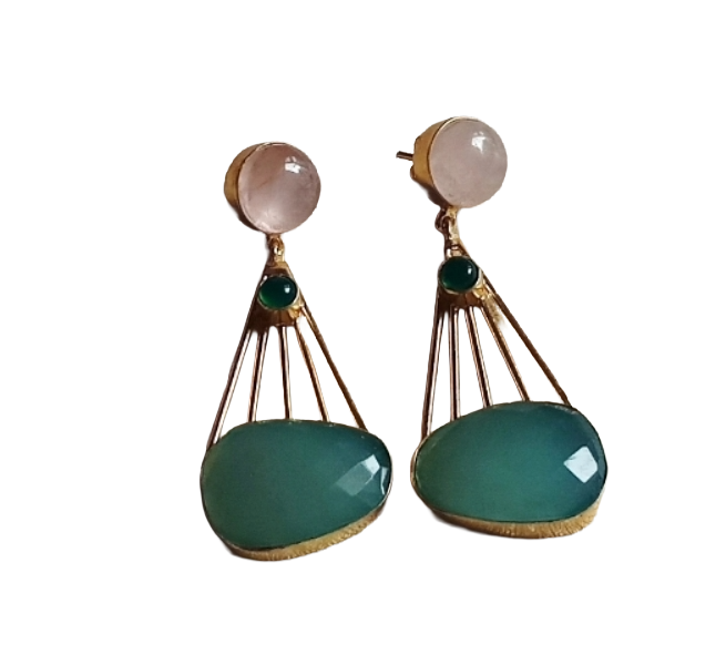 Gorgeous Gold Plated Dangle Earrings –Rose Quartz-Green Onyx-Aquamarine stone Jewelry