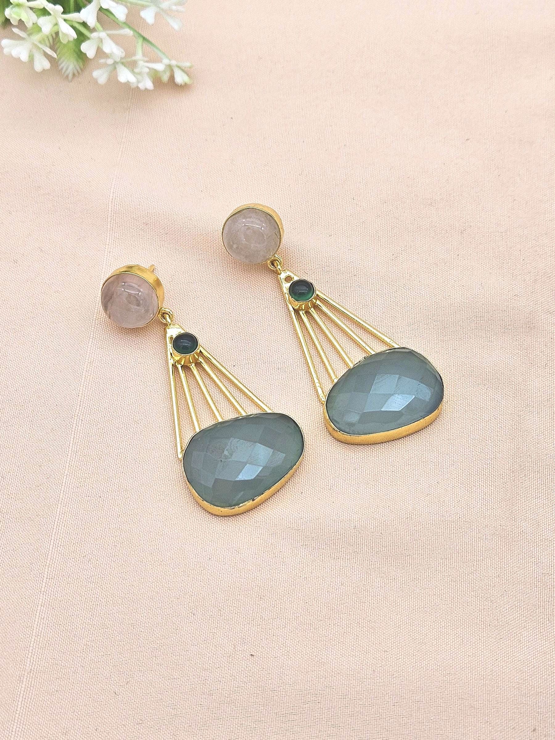 Gorgeous Gold Plated Dangle Earrings –Rose Quartz-Green Onyx-Aquamarine stone Jewelry