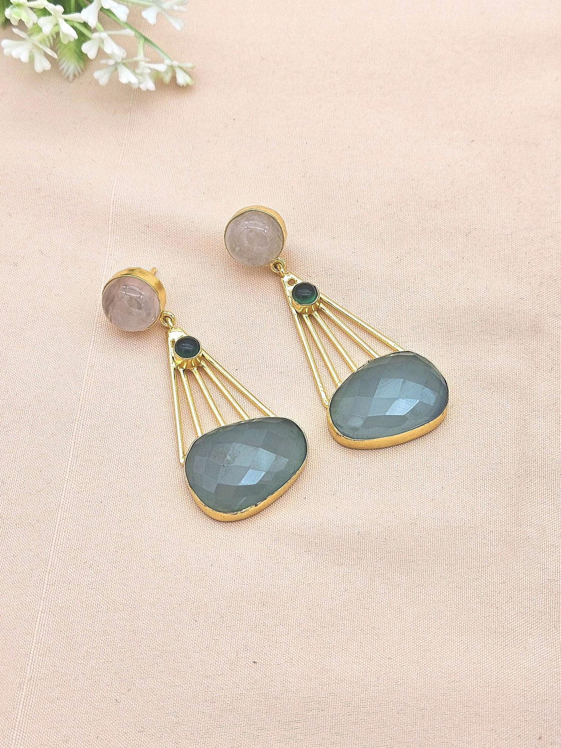 Gorgeous Gold Plated Dangle Earrings –Rose Quartz-Green Onyx-Aquamarine stone Jewelry