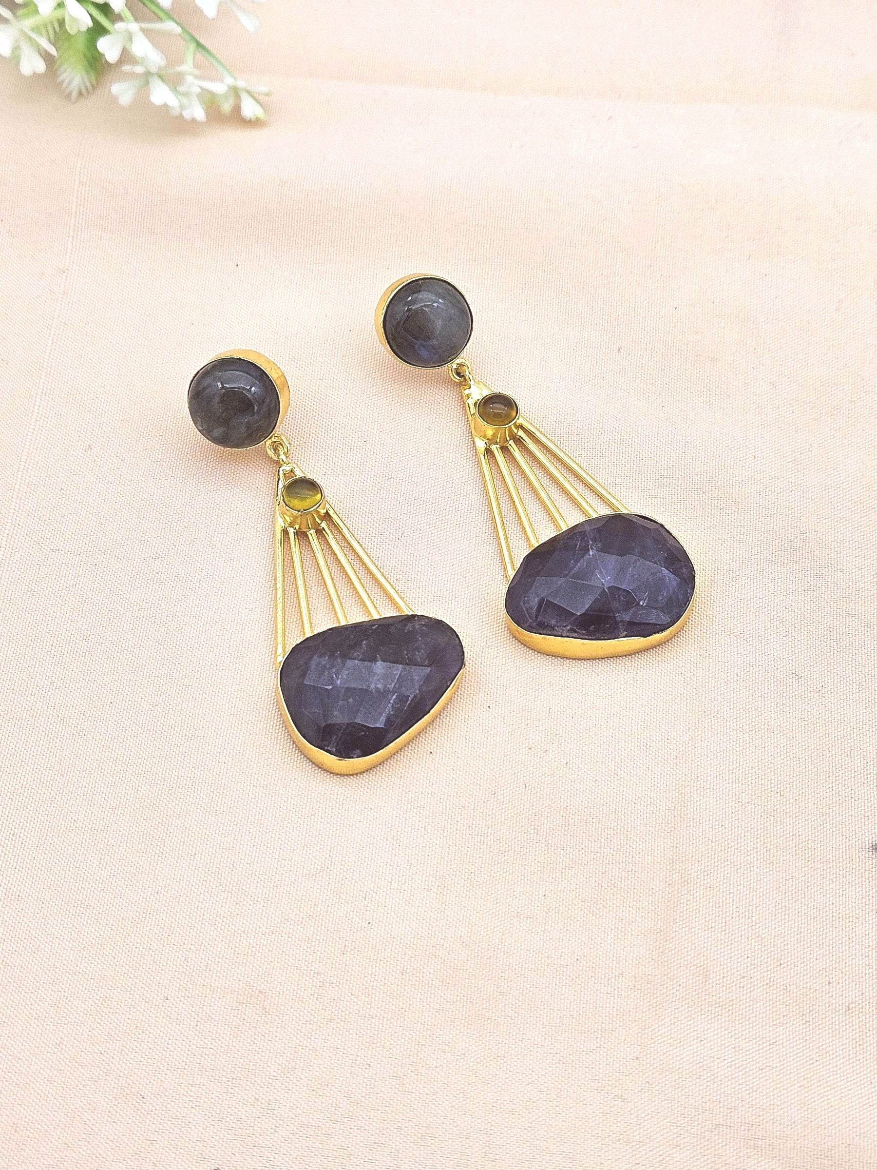 Gorgeous Gold Plated Dangle Earrings –Labradorite-Chalcedony-Amethyst Charming Designer Jewelry
