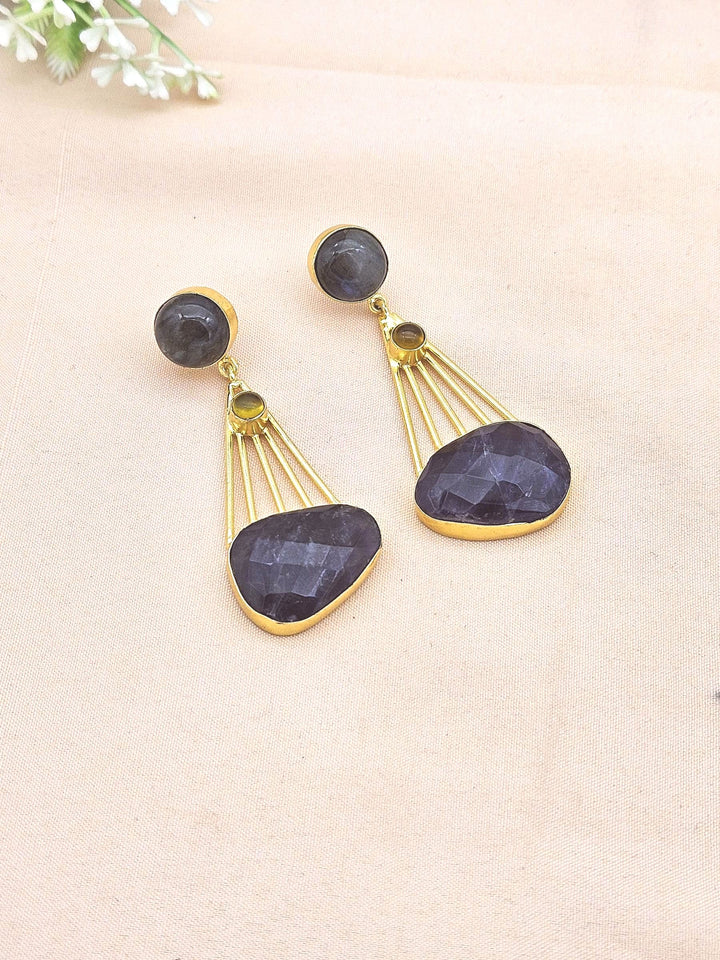 Gorgeous Gold Plated Dangle Earrings –Labradorite-Chalcedony-Amethyst Charming Designer Jewelry