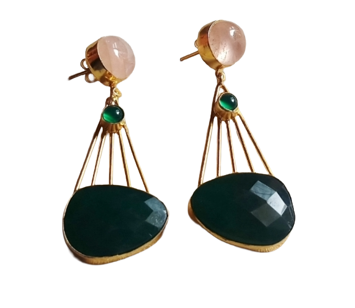 Gorgeous Gold Plated Dangle Earrings –Rose Quartz-Green Onyx Charming Designer Jewelry