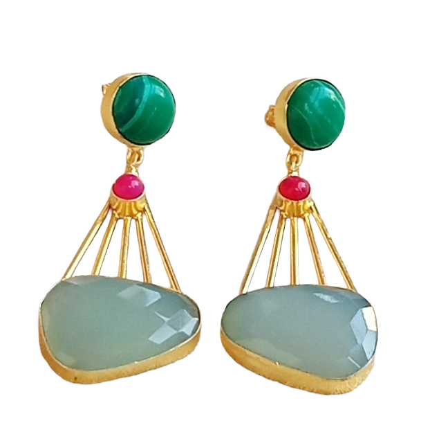 Gorgeous Gold Plated Dangle Earrings –Synthetic Malachite-Magenta Onyx-Chalcedony stone Jewelry
