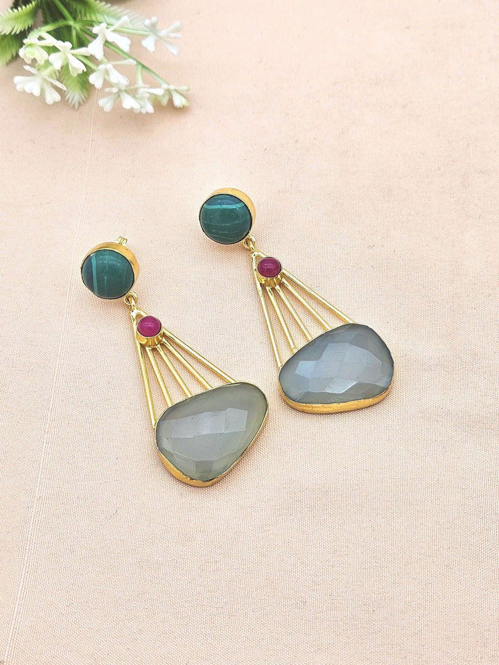 Gorgeous Gold Plated Dangle Earrings –Synthetic Malachite-Magenta Onyx-Chalcedony stone Jewelry