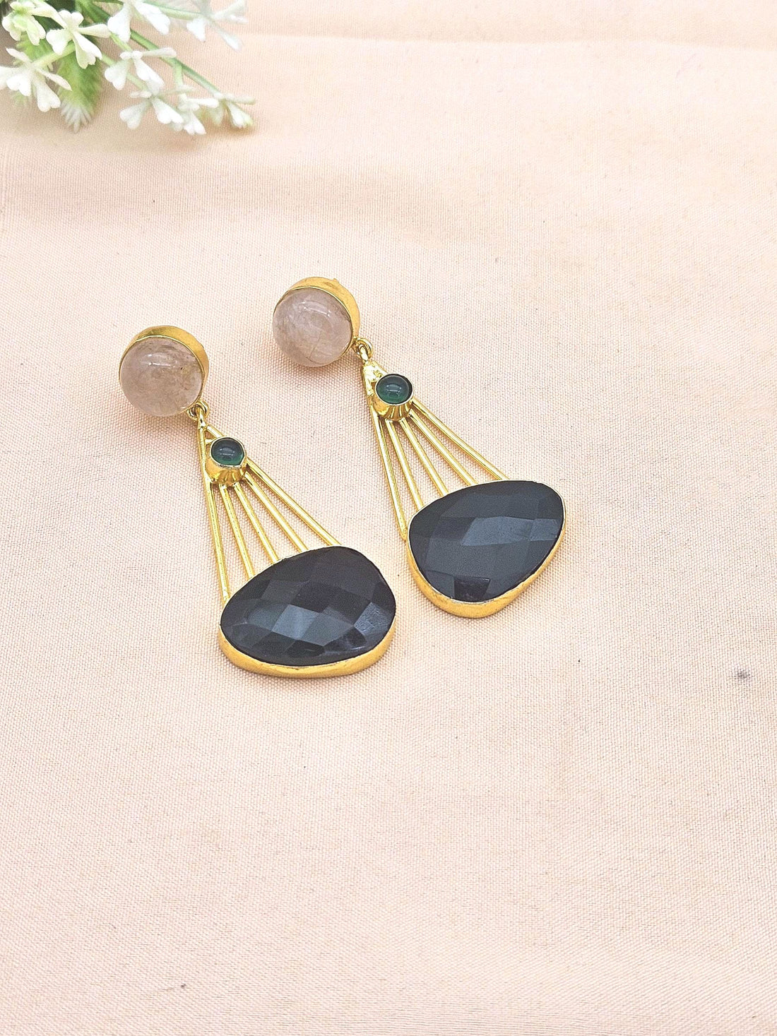 Gorgeous Gold Plated Dangle Earrings –Rose Quartz-Green Onyx Charming Designer Jewelry