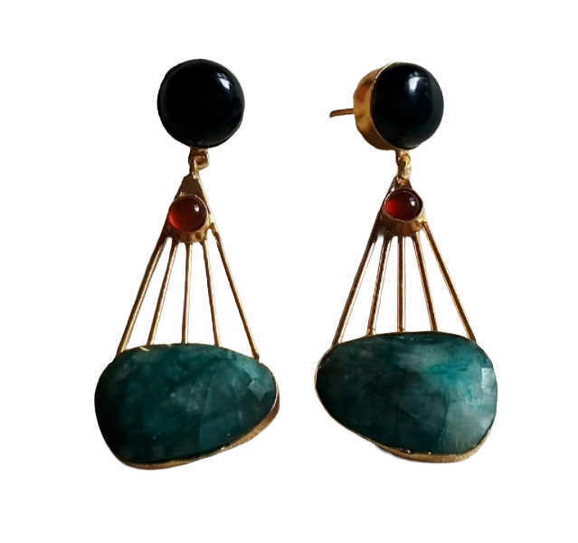 Gorgeous Gold Plated Dangle Earrings –Black Onyx-Chalcedony-Green Hathipara Charming Designer Jewelry
