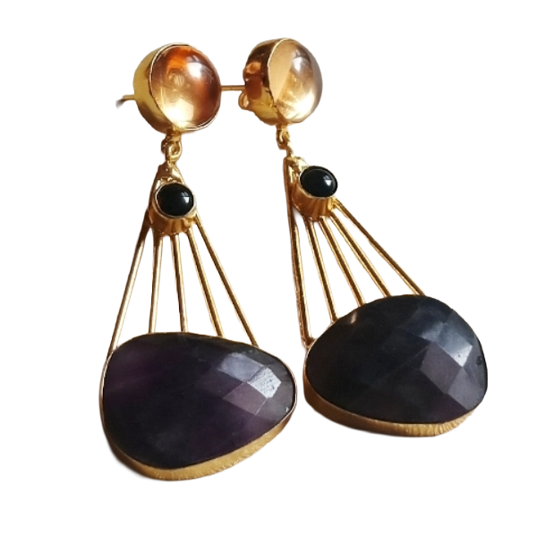 Gorgeous Gold Plated Dangle Earrings –Black Onyx-Amethyst-Yellow Glass Charming Designer Jewelry