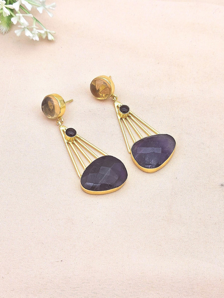 Gorgeous Gold Plated Dangle Earrings –Black Onyx-Amethyst-Yellow Glass Charming Designer Jewelry