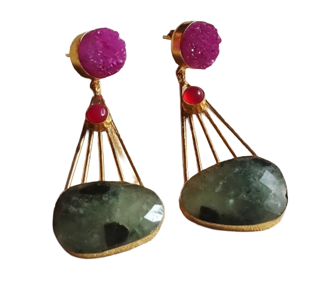 Gorgeous Gold Plated Dangle Earrings –Red Druzy-Red Glass-Prehnite stone Jewelry