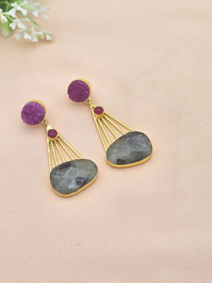 Gorgeous Gold Plated Dangle Earrings –Red Druzy-Red Glass-Prehnite stone Jewelry