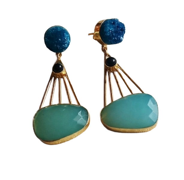 Gorgeous Gold Plated Dangle Earrings –Blue Druzy-Black Onyx-Chalcedony stone Jewelry