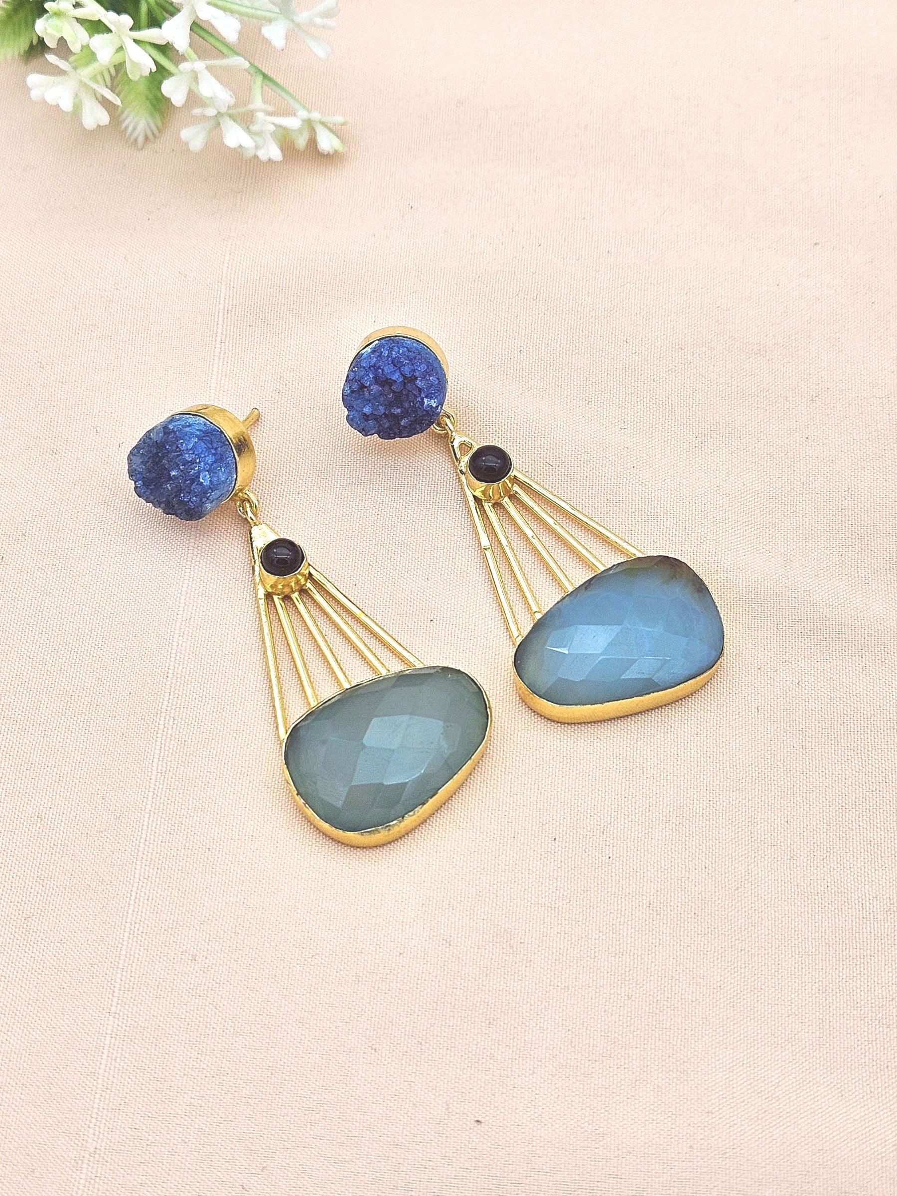 Gorgeous Gold Plated Dangle Earrings –Blue Druzy-Black Onyx-Chalcedony stone Jewelry