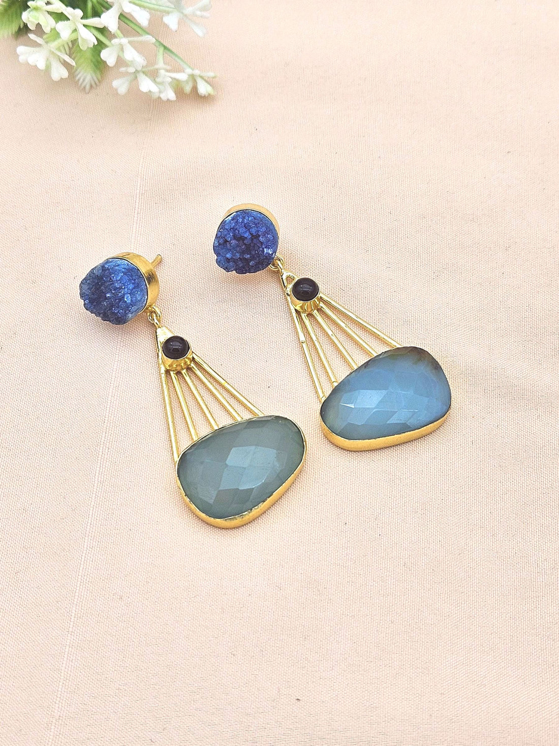 Gorgeous Gold Plated Dangle Earrings –Blue Druzy-Black Onyx-Chalcedony stone Jewelry