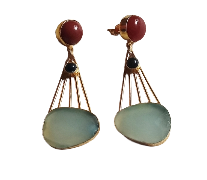 Gorgeous Gold Plated Dangle Earrings –Red & Black Onyx-Aquamarine stone Jewelry