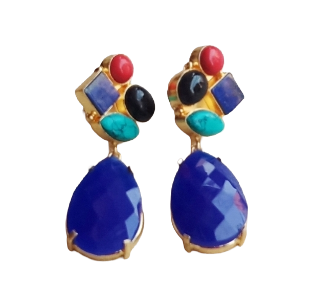 Amazing Gold Plated Dangle Earrings –Multi Color Semi Precious Stone Jewelry