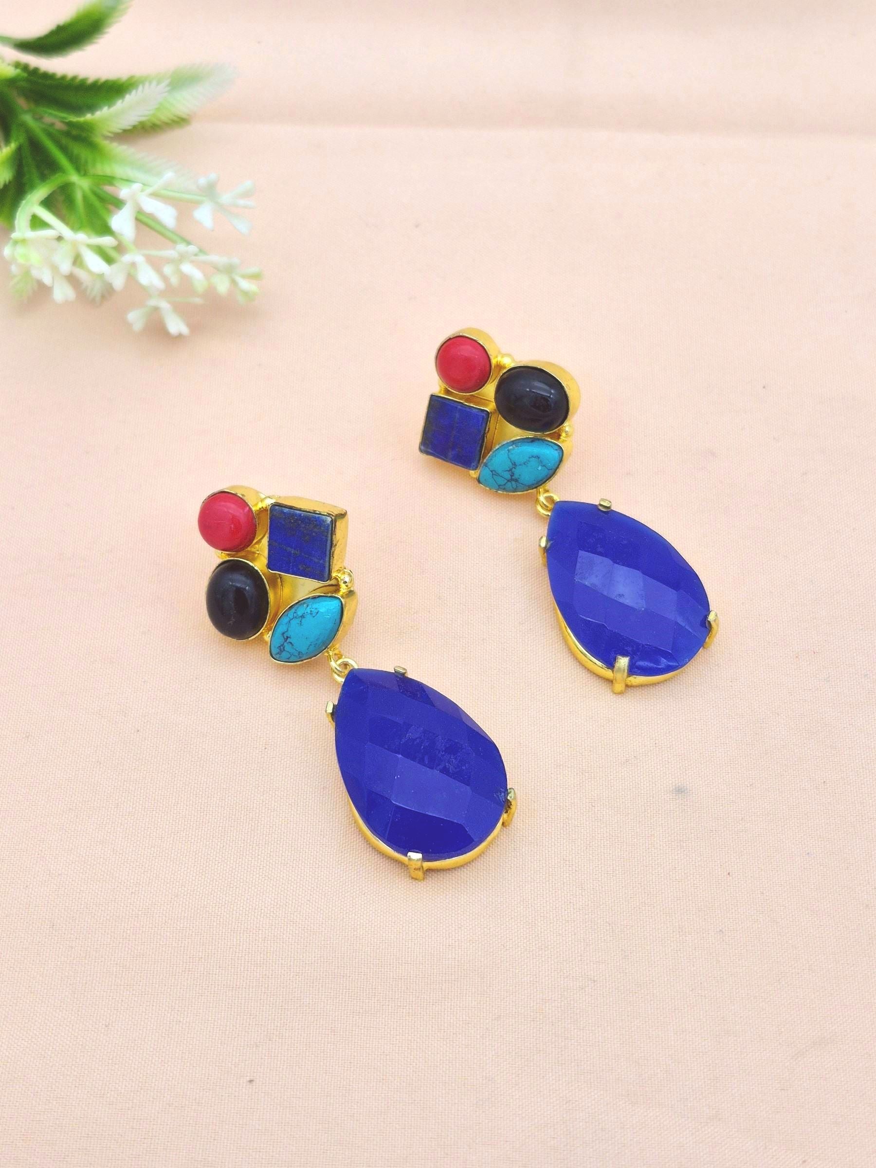 Amazing Gold Plated Dangle Earrings –Multi Color Semi Precious Stone Jewelry