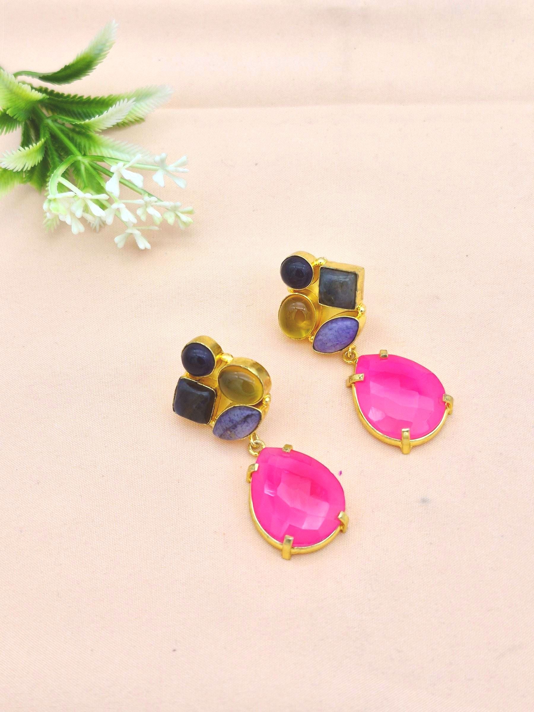 Amazing Gold Plated Dangle Earrings –Multi Color Semi Precious Stone Jewelry
