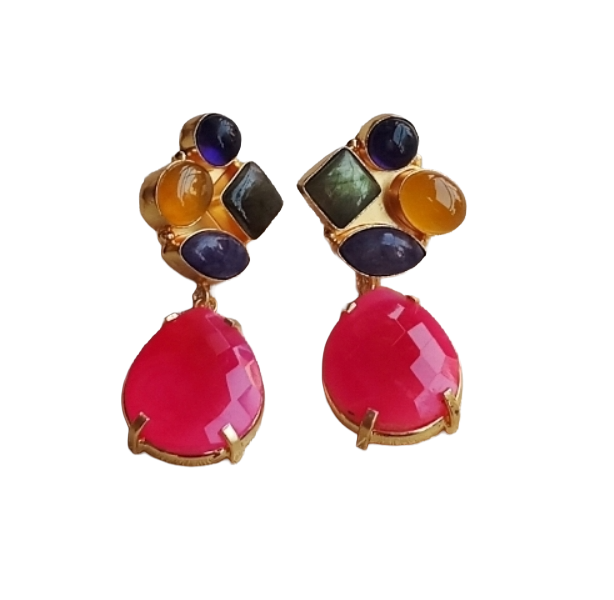 Amazing Gold Plated Dangle Earrings –Multi Color Semi Precious Stone Jewelry