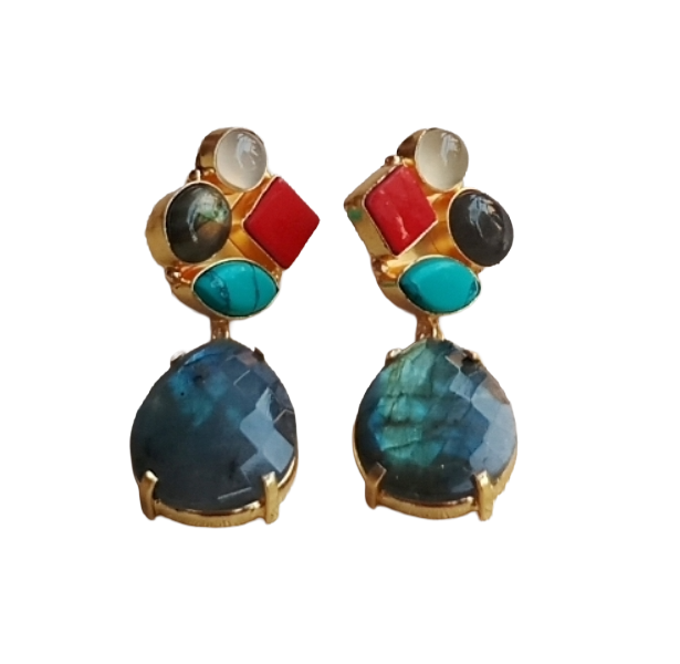 Amazing Gold Plated Dangle Earrings –Multi Color Semi Precious Stone Jewelry