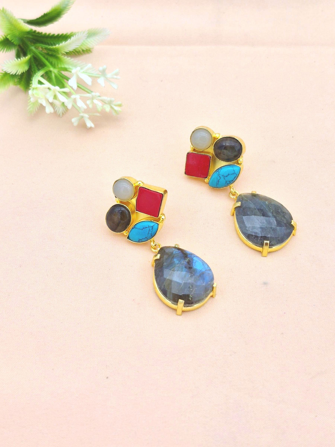 Amazing Gold Plated Dangle Earrings –Multi Color Semi Precious Stone Jewelry