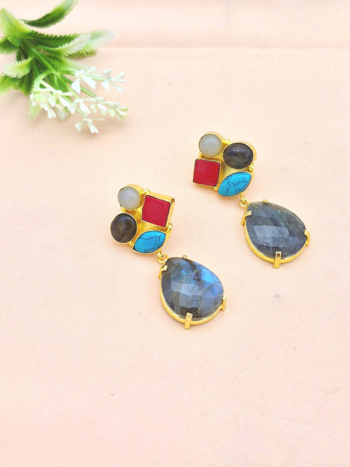 Amazing Gold Plated Dangle Earrings –Multi Color Semi Precious Stone Jewelry