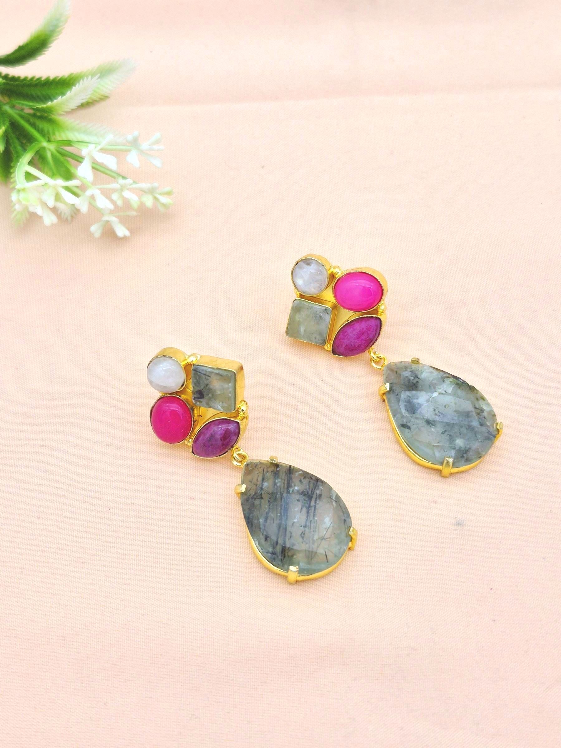 Amazing Gold Plated Dangle Earrings –Multi Color Semi Precious Stone Jewelry