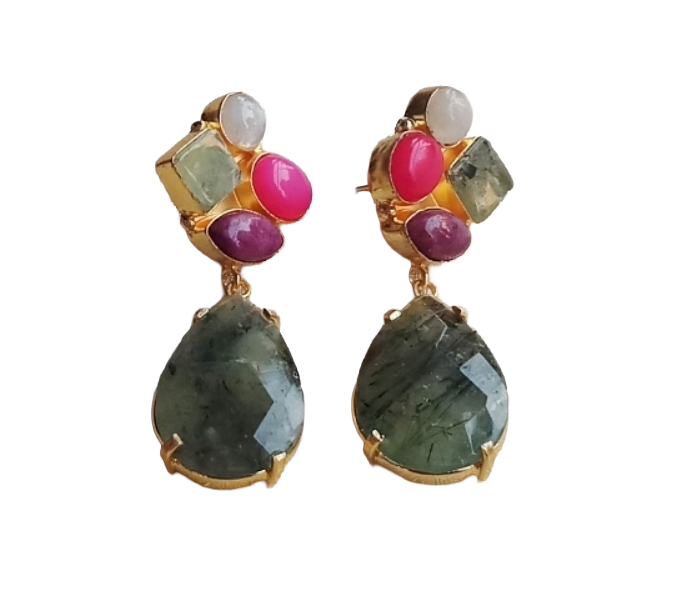 Amazing Gold Plated Dangle Earrings –Multi Color Semi Precious Stone Jewelry